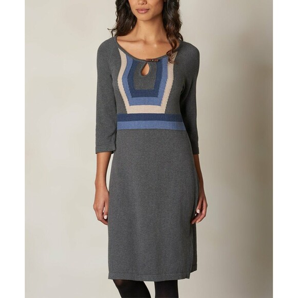 New Womens NWT PrAna Yarrah Dress M Dark Gray Blue Tan Organic Cotton Sweater